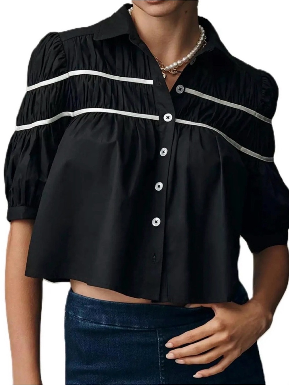 Anthropologie The Leandra Shirred Yoke Blouse by Maeve in Black